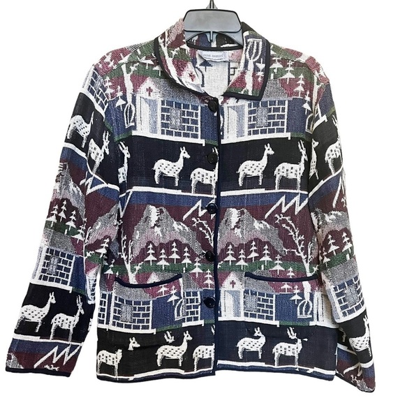 Jane Ashley Woven Tapestry Winter Deer Print Button Front Jacket Blue Multi Sz L - Picture 9 of 9